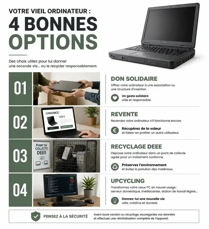Infographie sur les options de seconde vie pour un vieil ordinateur : don, revente, recyclage et upcycling.