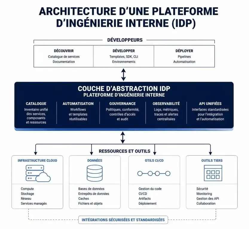 Schéma de l'architecture d'une plateforme d'ingénierie interne (IDP) pour le platform engineering