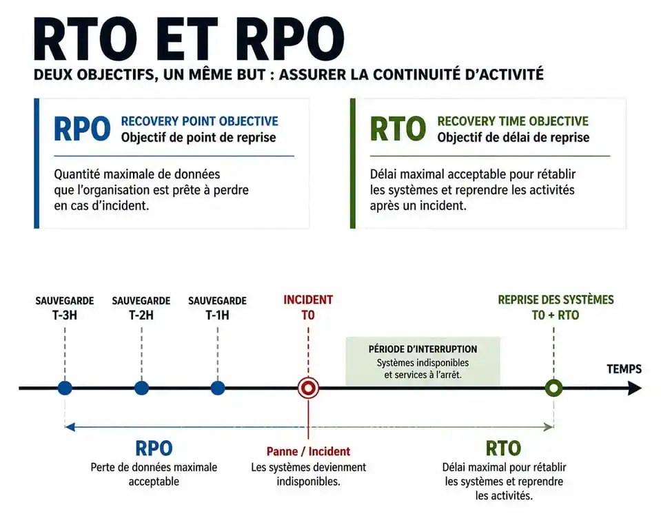 Infographie explicative du RTO et RPO dans le cadre d'un plan de continuité informatique