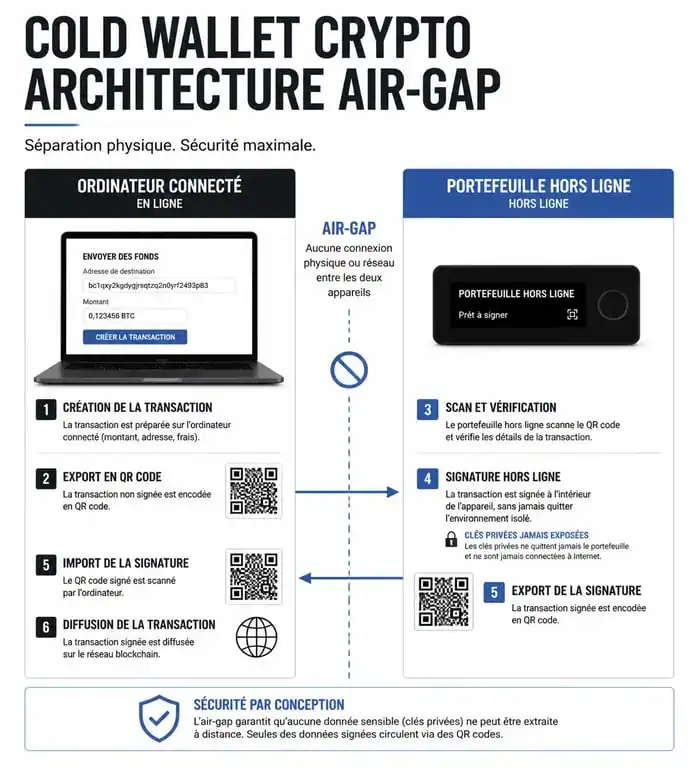 Schéma explicatif du fonctionnement d'un cold wallet crypto et de la technologie Air-Gap pour la sécurité des actifs numériques.