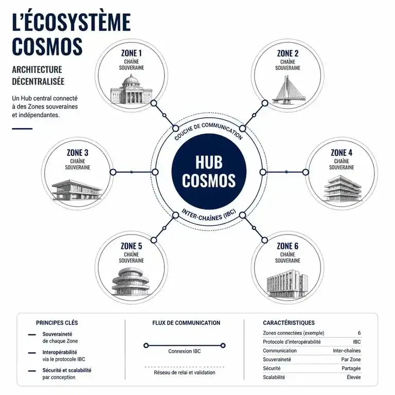Architecture de l'écosystème Cosmos : Hub et Zones interconnectées pour la cryptocurrency Cosmos
