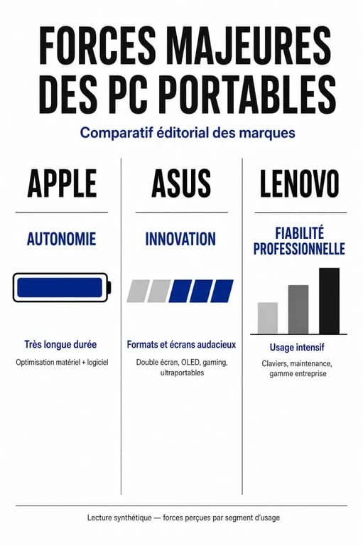 Infographie comparative des forces des marques de PC portables : Apple, Asus, Lenovo pour choisir la meilleure marque pc portable.