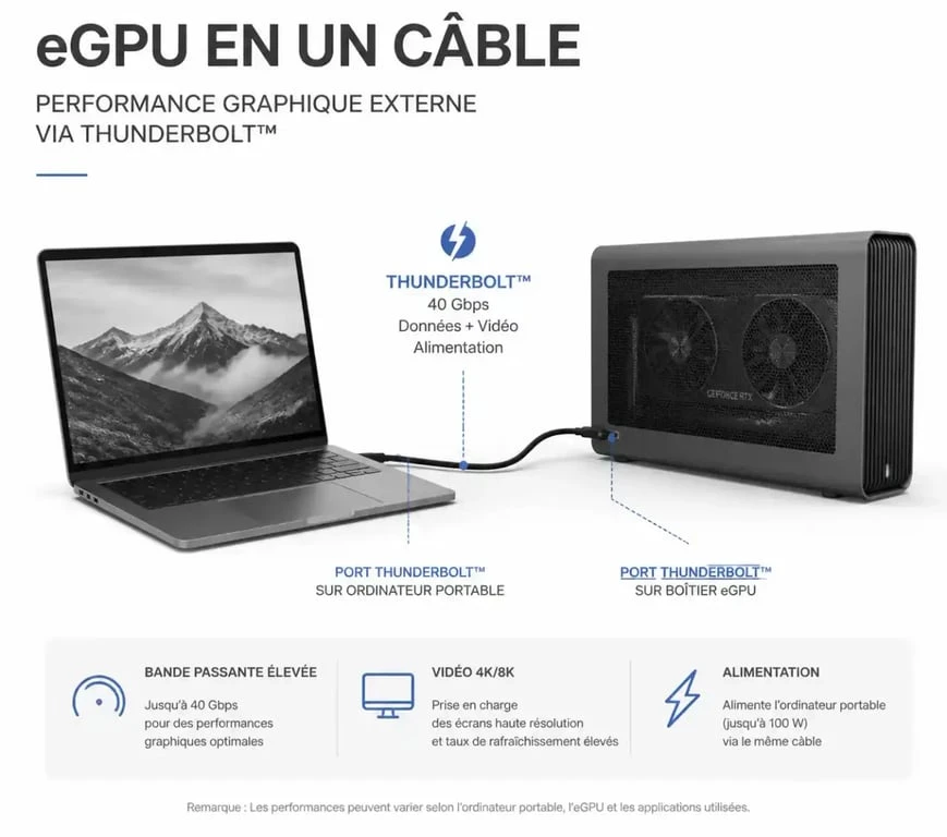 Schéma de fonctionnement d'une carte graphique externe eGPU connectée à un ordinateur portable