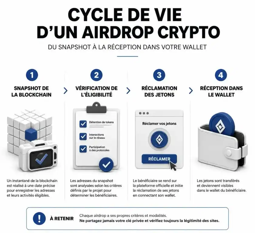 Schéma explicatif du fonctionnement d'un airdrop crypto et du processus de réception des jetons