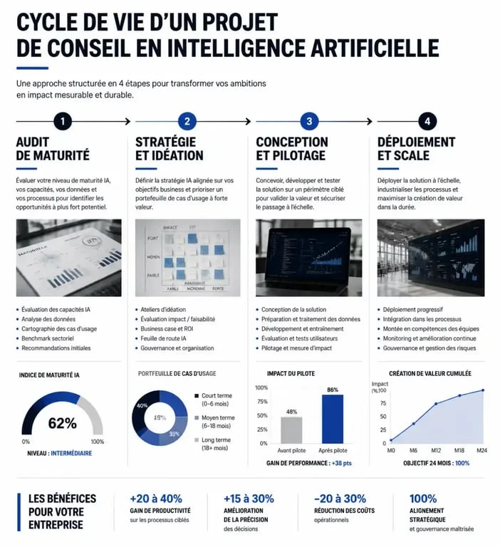 Infographie du cycle de vie d'un projet de conseil en intelligence artificielle pour les entreprises