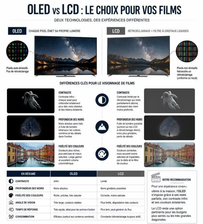 Infographie comparative des technologies d'écran OLED et LCD pour choisir la meilleure tablette pour regarder des films