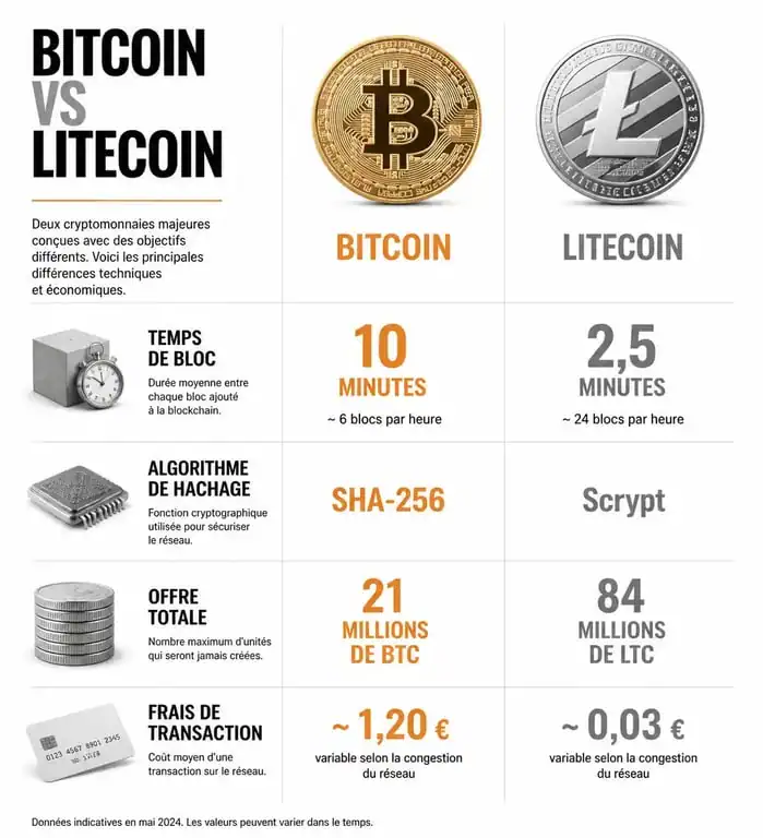 Infographie comparative des caractéristiques techniques entre la blockchain Litecoin et Bitcoin