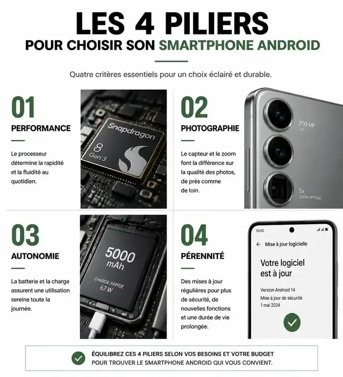 Infographie des critères de sélection pour choisir le meilleur téléphone Android selon vos besoins