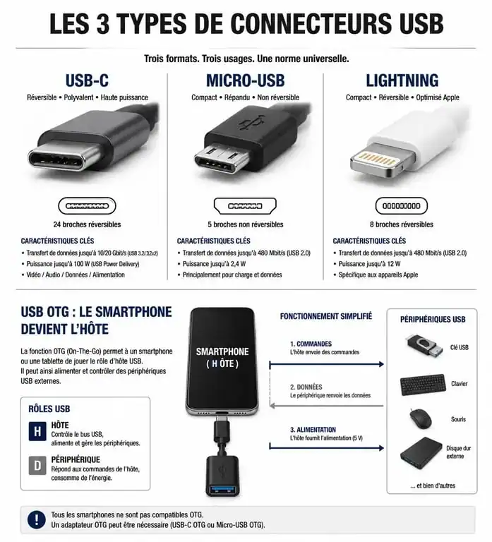 Schéma explicatif des connecteurs et du fonctionnement de la clé USB sur téléphone