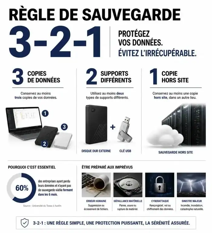Schéma illustrant la règle 3-2-1 pour une sauvegarde informatique sécurisée