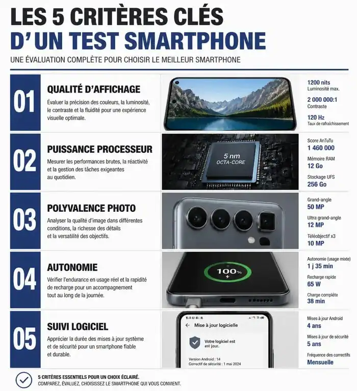 Infographie des critères essentiels pour réaliser un test smartphone complet et objectif
