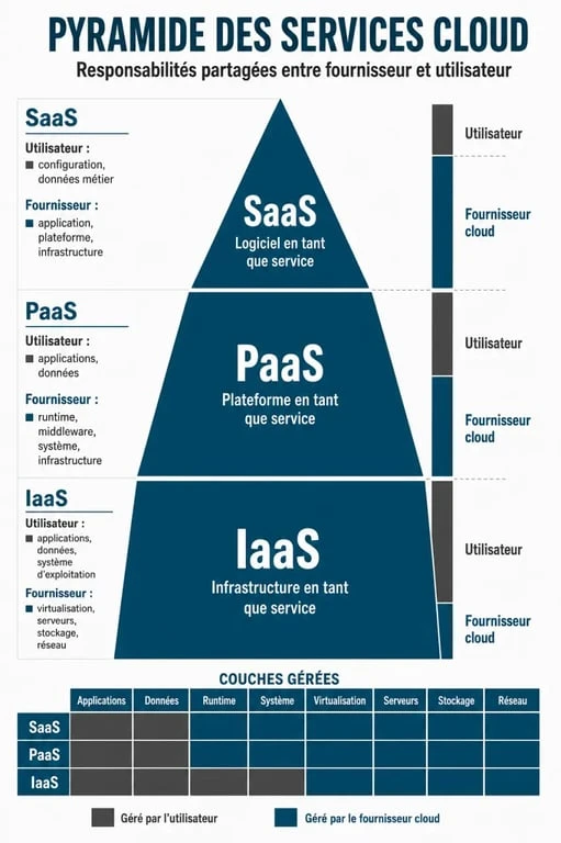 Infographie des solutions cloud computing : comparaison IaaS, PaaS et SaaS
