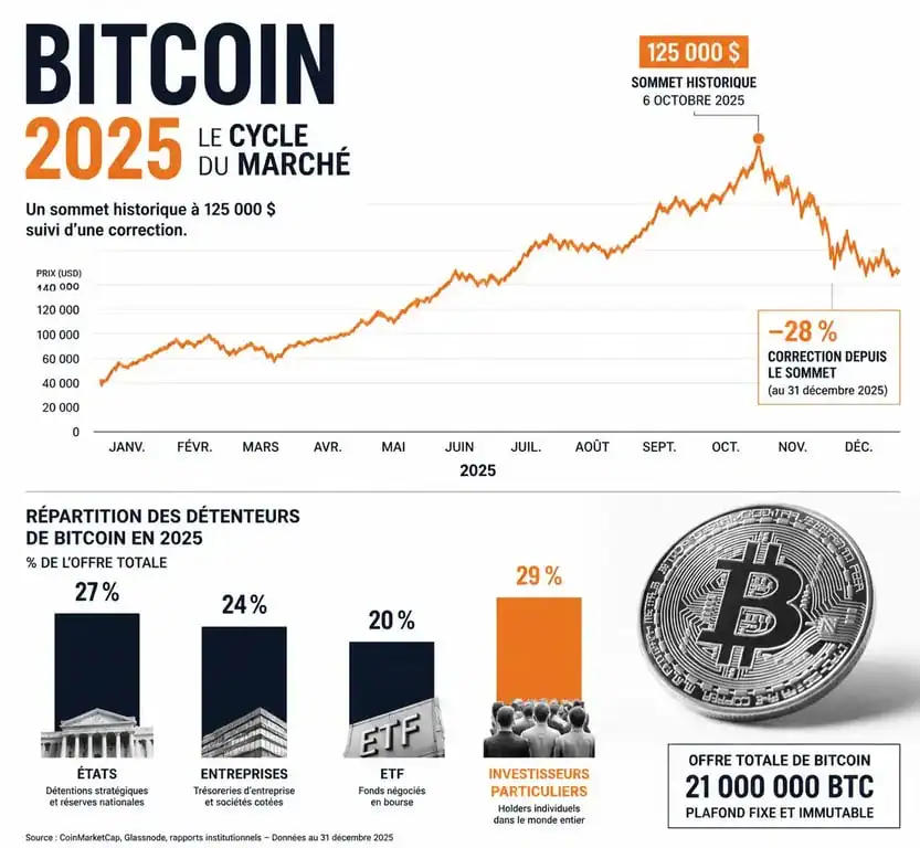 Graphique de l'évolution du cours du Bitcoin en 2025 et répartition des détenteurs institutionnels et particuliers
