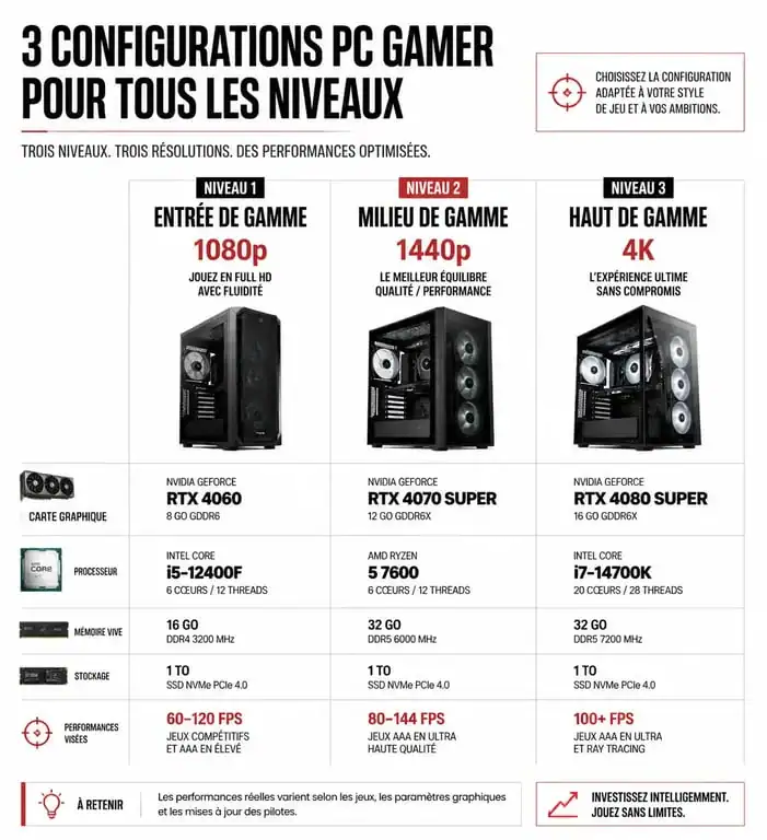 Infographie comparative des configurations PC gamer par budget et résolution pour choisir le meilleur PC gamer
