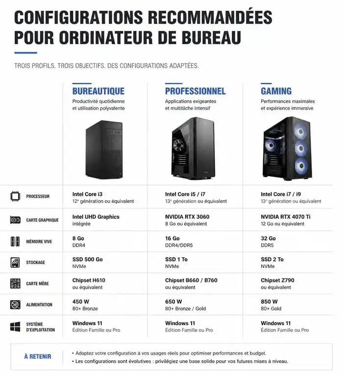 Infographie des configurations recommandées pour choisir le meilleur ordinateur de bureau selon l'usage