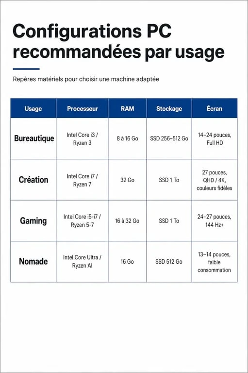 Tableau comparatif des configurations recommandées pour le meilleur pc portable 2024 selon l'usage