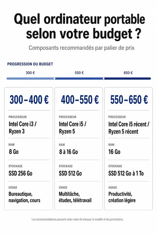 Infographie comparative des meilleures configurations d'ordinateur portable pas cher par budget