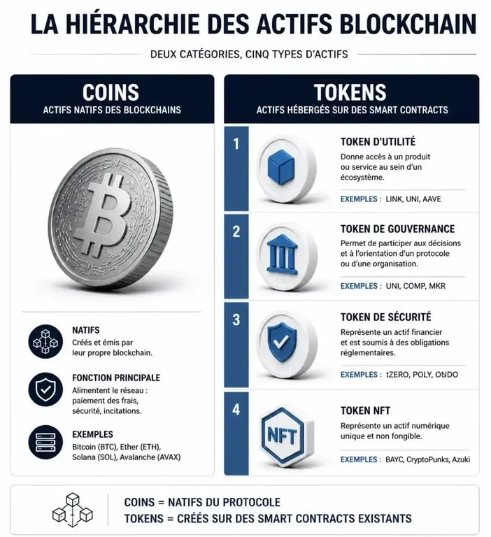 Schéma comparatif entre coins et tokens crypto et classification des différents types de jetons