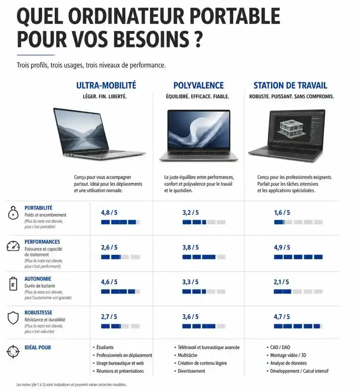Infographie comparative des meilleurs ordinateurs portables pour professionnels selon les besoins métier