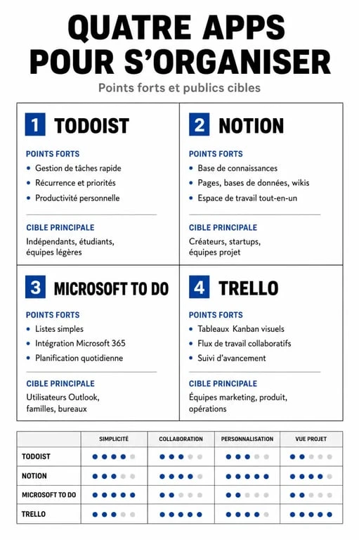 Infographie comparative des meilleures applications pour s'organiser : Todoist, Notion, Microsoft To Do et Trello.