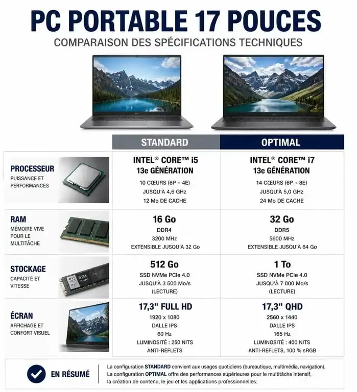 Comparatif des caractéristiques techniques pour choisir le meilleur PC portable 17 pouces à 600 euros