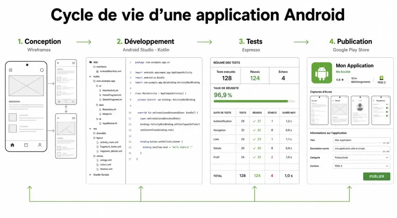 Schéma du processus de création d'une application pour Android, de la conception à la publication sur le Play Store