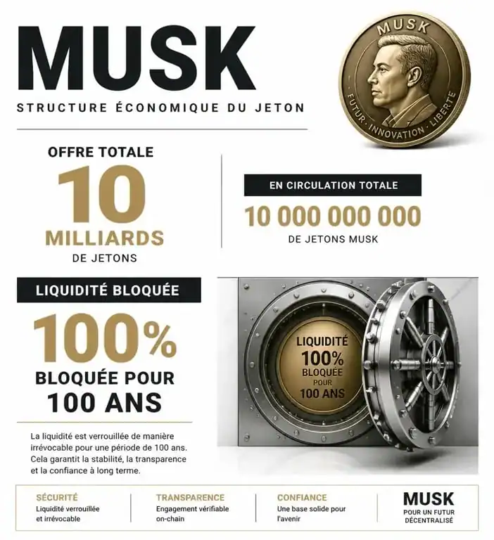 Infographie des tokenomics du Elon Musk coin montrant le verrouillage de liquidité de 100 ans
