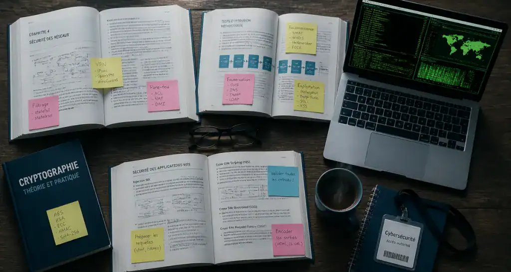 livre cybersécurité sur bureau avec ordinateur