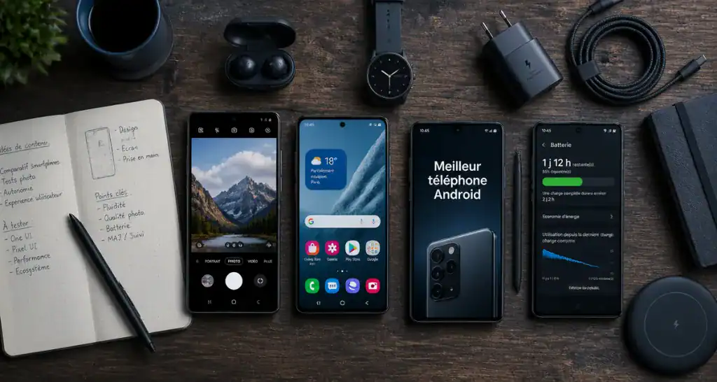 meilleur telephone android flat-lay smartphones et accessoires