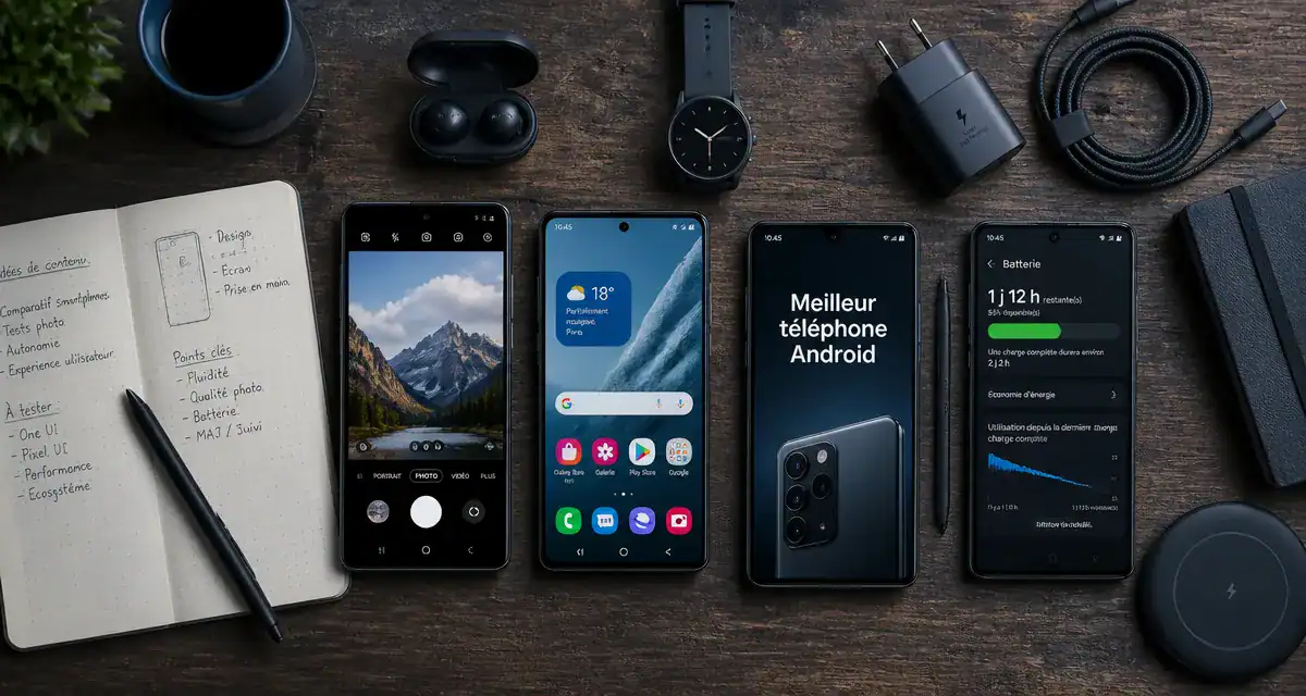 meilleur telephone android flat-lay smartphones et accessoires