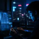 Jeune adulte utilisant un Ledger devant un univers metaverse crypto