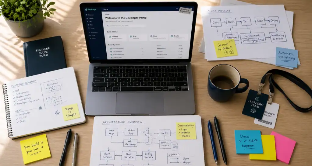 Bureau moderne avec laptop platform engineering et outils développeur