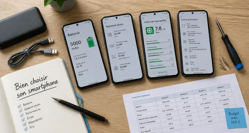 Quel smartphone choisir 2026 flat-lay comparatif smartphones accessoires