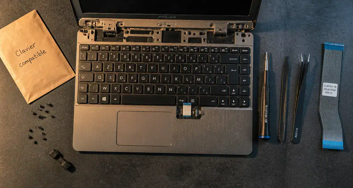 Clavier ordinateur portable à remplacer, nappe ZIF visible