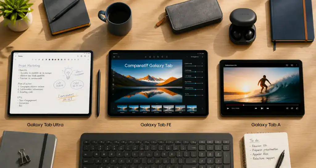 Samsung tablette avis, modèles Galaxy Tab alignés sur bureau