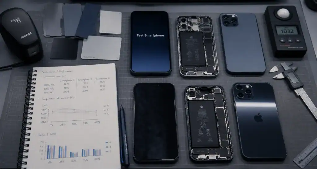 Test smartphone atelier avec appareils démontés et outils