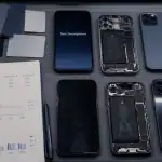 Test smartphone atelier avec appareils démontés et outils