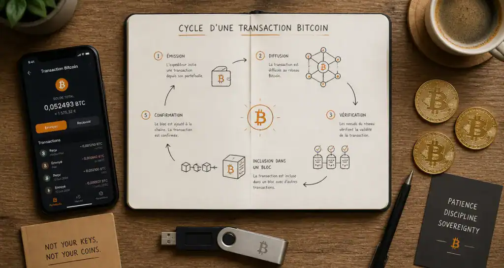 transaction bitcoin schéma manuscrit sur bureau
