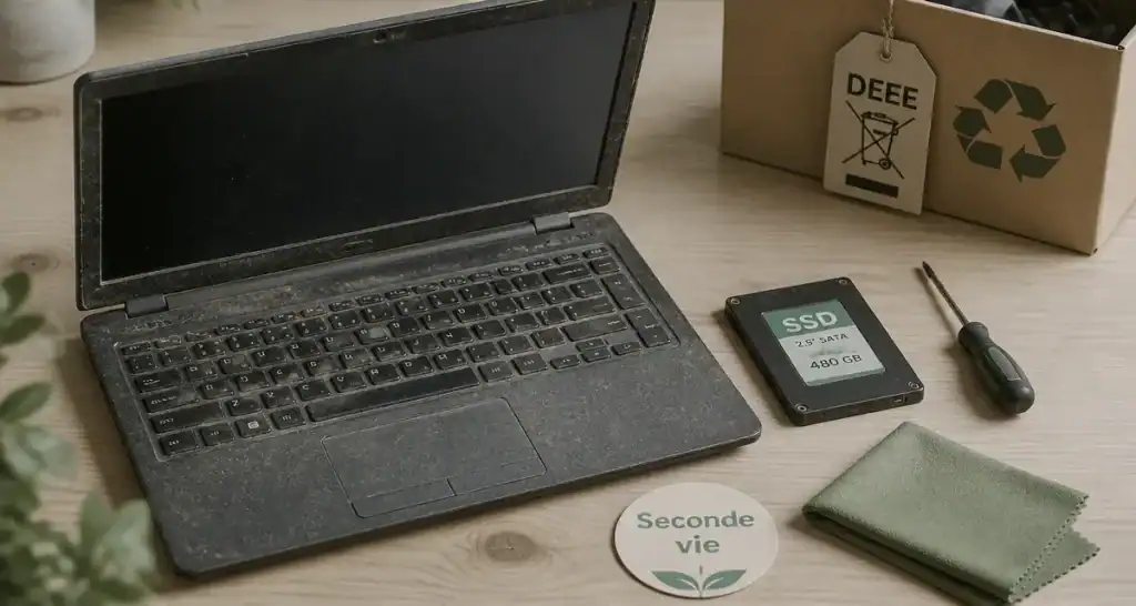 Vieil ordinateur recyclage seconde vie : PC portable ouvert, SSD et tournevis