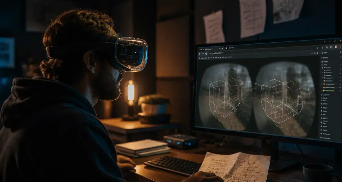 Photo WebXR : développeur casque VR et scène 3D sur navigateur