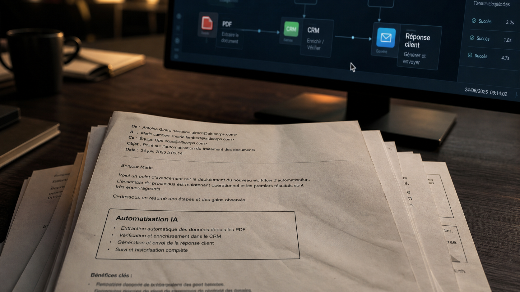 Automatisation IA : bureau et workflow connecté (PDF, CRM)