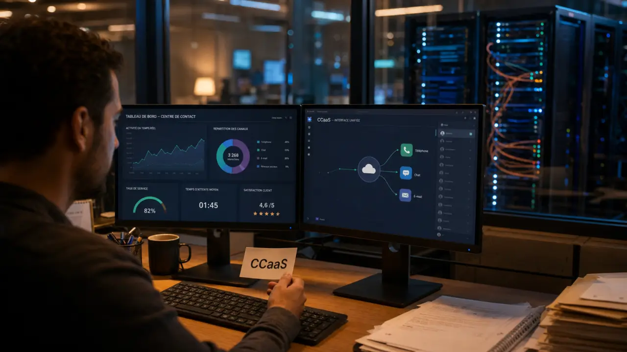 CCaaS : agent dans un centre de contact cloud, canaux téléphone, chat et e-mail