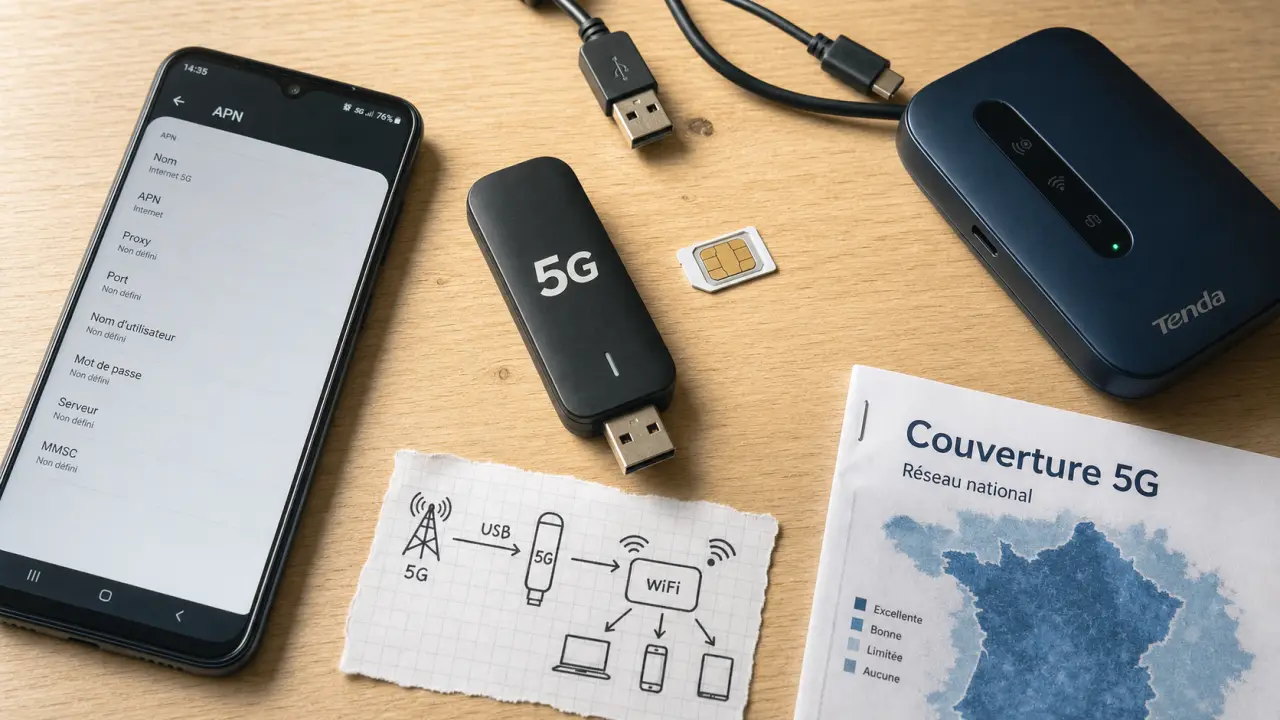 Clé 5G (modem USB) pour connexion mobile 5G, APN et carte SIM