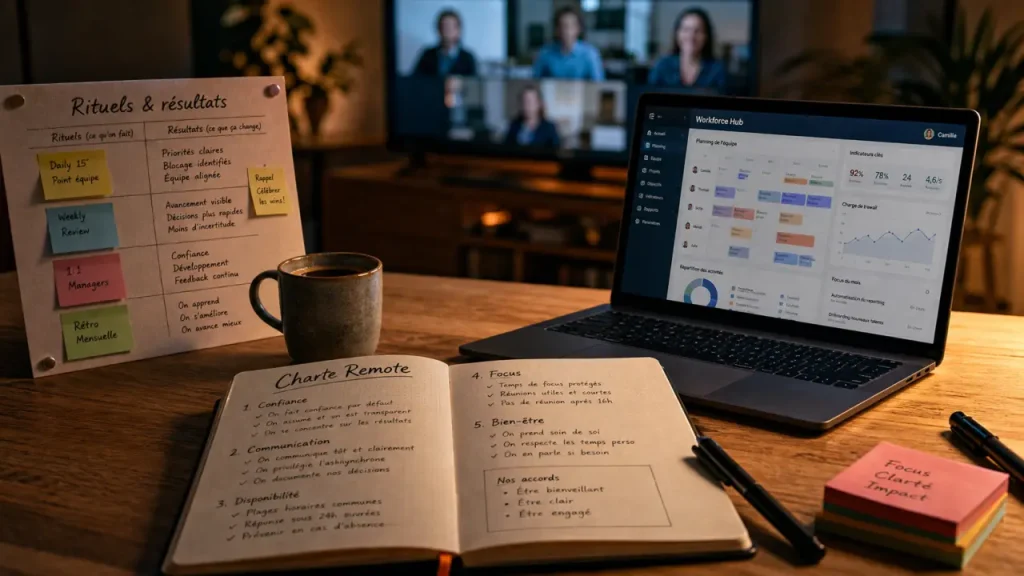 Gérer équipe remote via workforce hub setup : plannings et rituels en visio