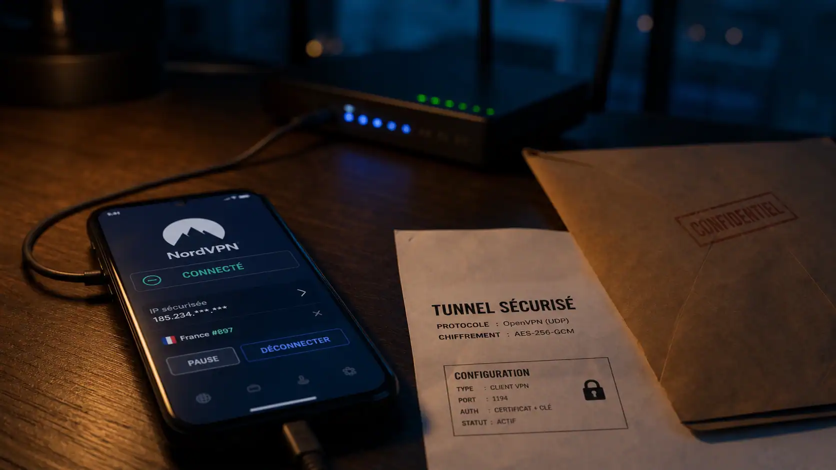 Connexion vpn c est quoi : smartphone avec interface VPN, tunnel sécurisé