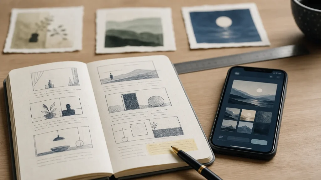 Créer des images avec l’IA sans designer : prompt, smartphone et cahier