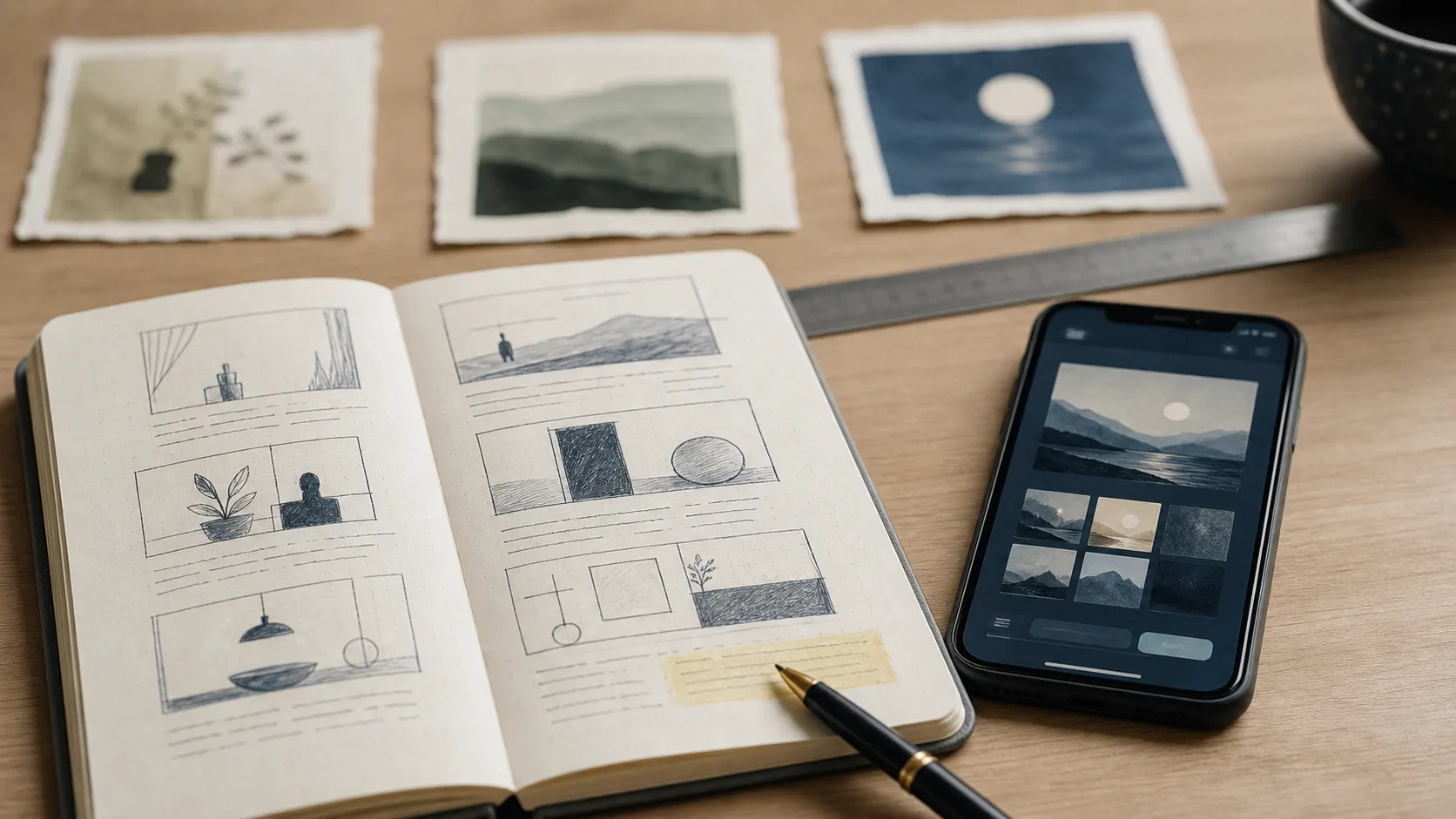 Créer des images avec l’IA sans designer : prompt, smartphone et cahier
