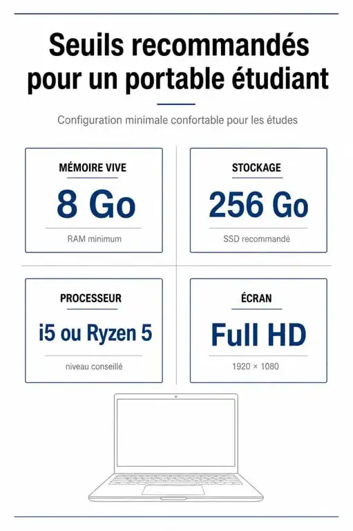 Infographie des critères techniques pour choisir le meilleur ordinateur portable étudiant rapport qualité-prix
