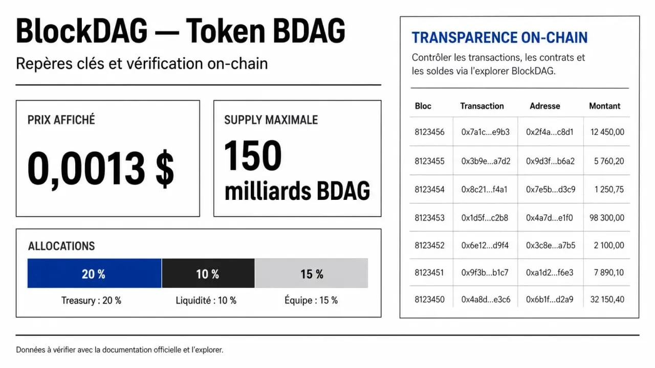 Infographie BlockDAG sur le token BDAG, ses prix, sa supply maximale et ses allocations on-chain