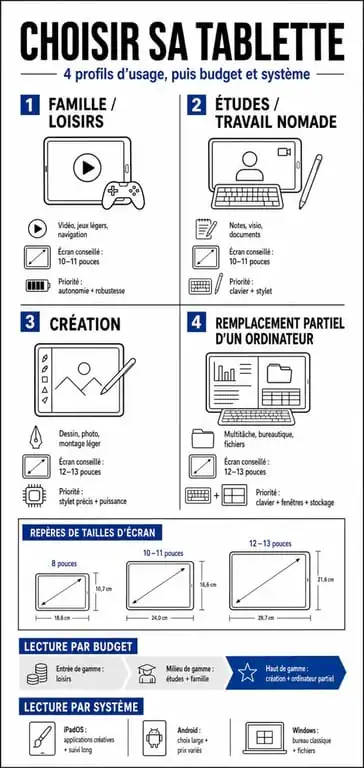 Infographie pour choisir une tablette que choisir selon l’usage, le budget et le système d’exploitation